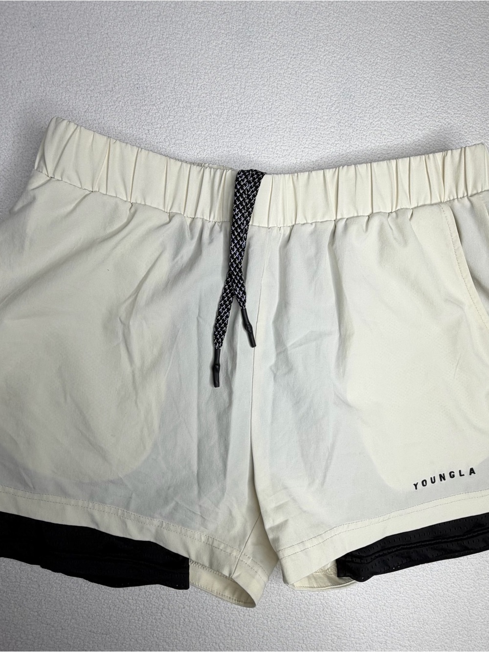 YoungLA Swift 2-in-1Compression Liner Shorts•Cream/Black Mesh Built in Liner - Picture 3 of 9